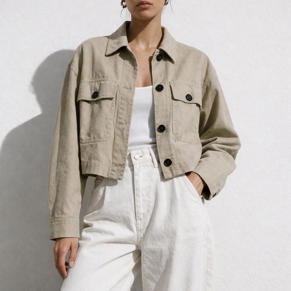 Zara Cropped Women's Utility Jacket in Tan with front Buttons size Large